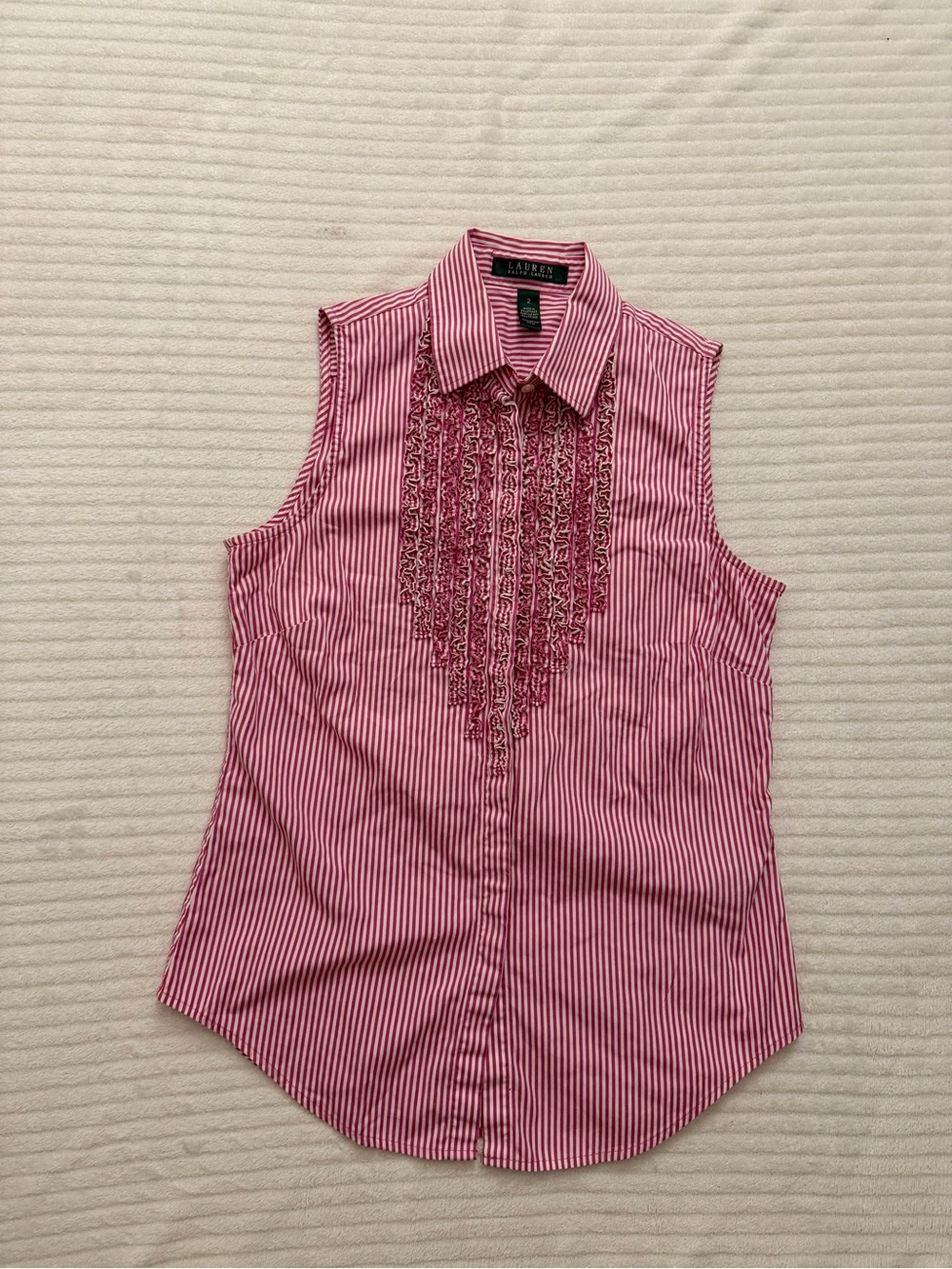 Lauren Ralph Lauren Pink Striped Sleeveless Ruffle-Front Blouse